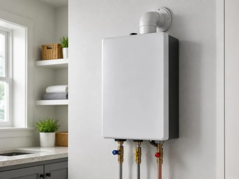 A wall-mounted tankless water heater with its shutoff valves